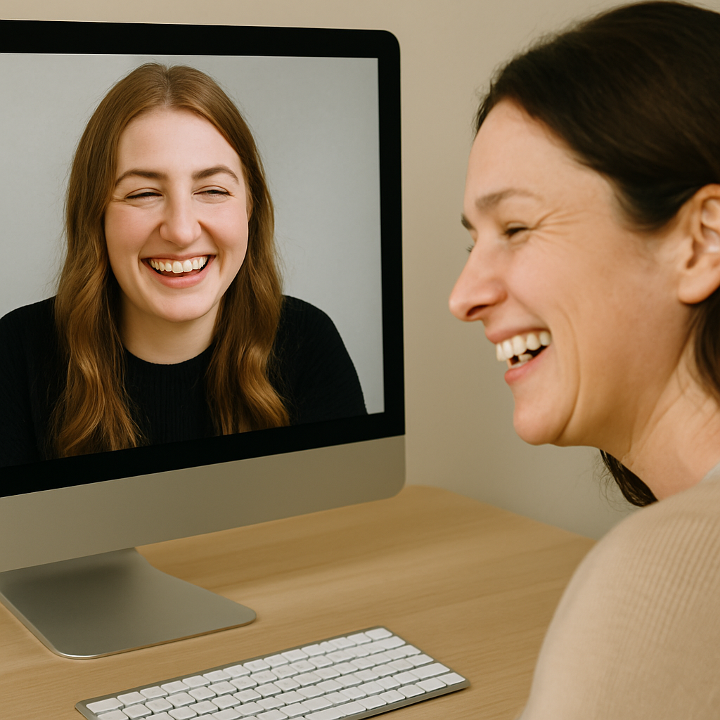 Eine Frau sitzt am Schreibtisch und lacht mit einer Gesangslehrerin, die auf dem Bildschirm zu sehen ist. Echte Verbindung entsteht trotz räumlicher Distanz im Online-Unterricht.
