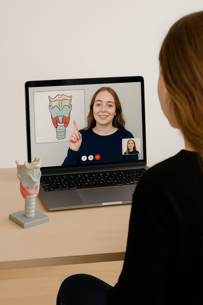 Es ist ein Laptop mit einem geteilten Bildschirm zu sehen. Im Online-Unterricht können anatomische Modelle einfach geteilt werden.