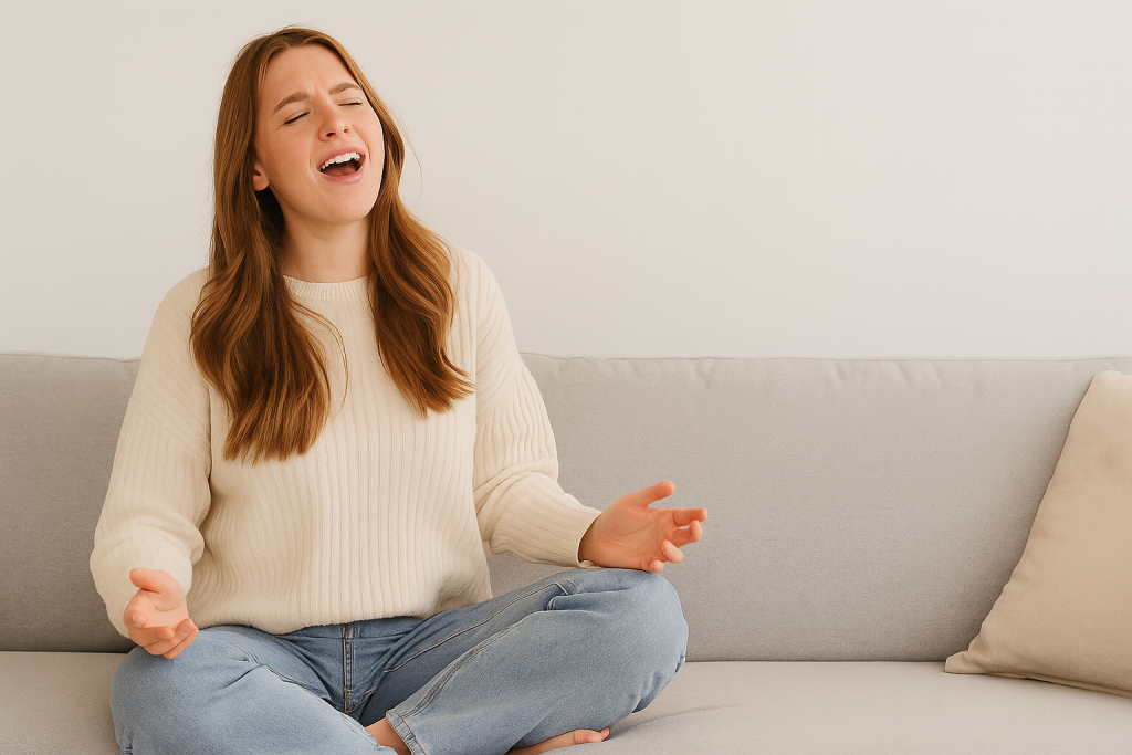 Frau sitzt auf einem Sofa und singt. Ihr Hobby ist singen und sie tut es auch, um ihrer Gesundheit etwas Gutes zu tun.