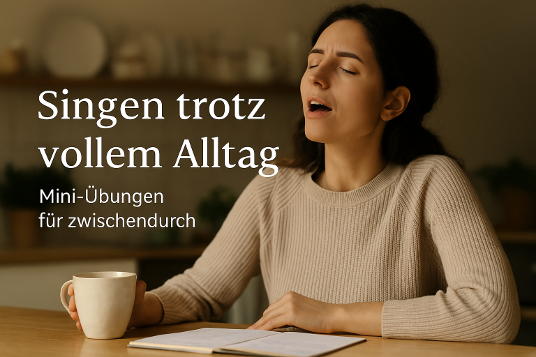 Frau sitzt am Schreibtisch und macht Gesangsübungen.