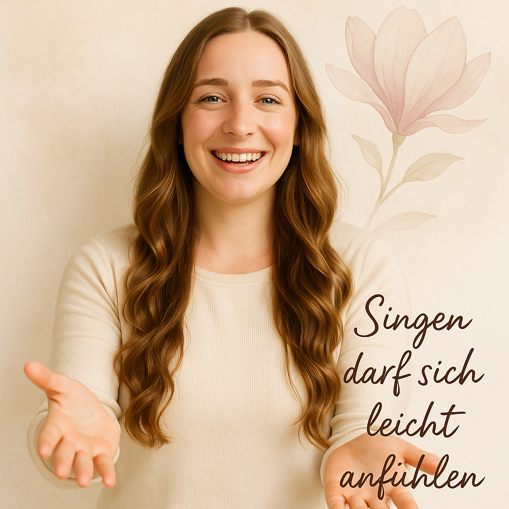 Lächelnde Frau mit offenen Händen vor hellem Hintergrund, daneben der Text „Singen darf sich leicht anfühlen“