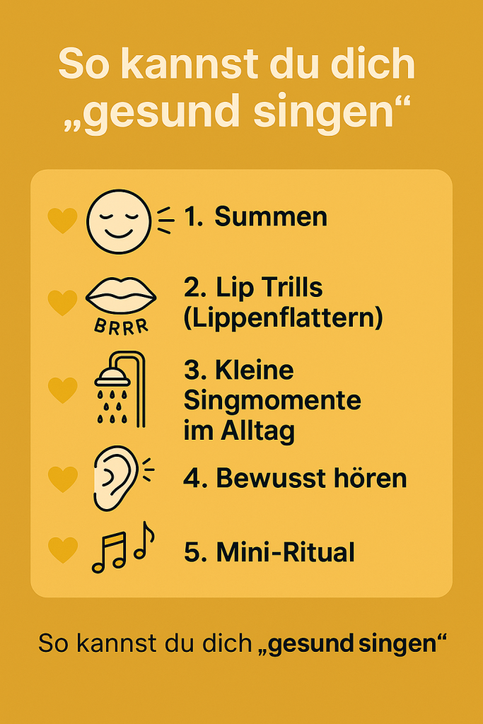 Infografik mit der Überschrift „So kannst du dich gesund singen“ und fünf Punkten: Summen, Lip Trills (Lippenflattern), kleine Singmomente im Alltag, bewusst hören und Mini-Ritual