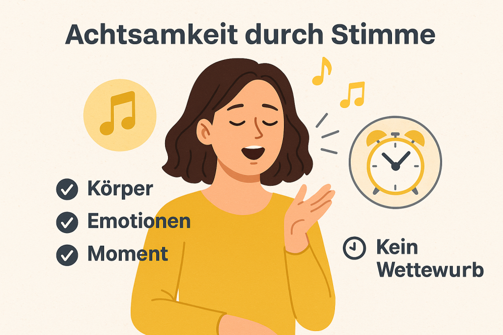 Illustration einer singenden Person mit dem Titel „Achtsamkeit durch Stimme“ sowie Symbolen für Körper, Emotionen, Moment und ohne Wettbewerb