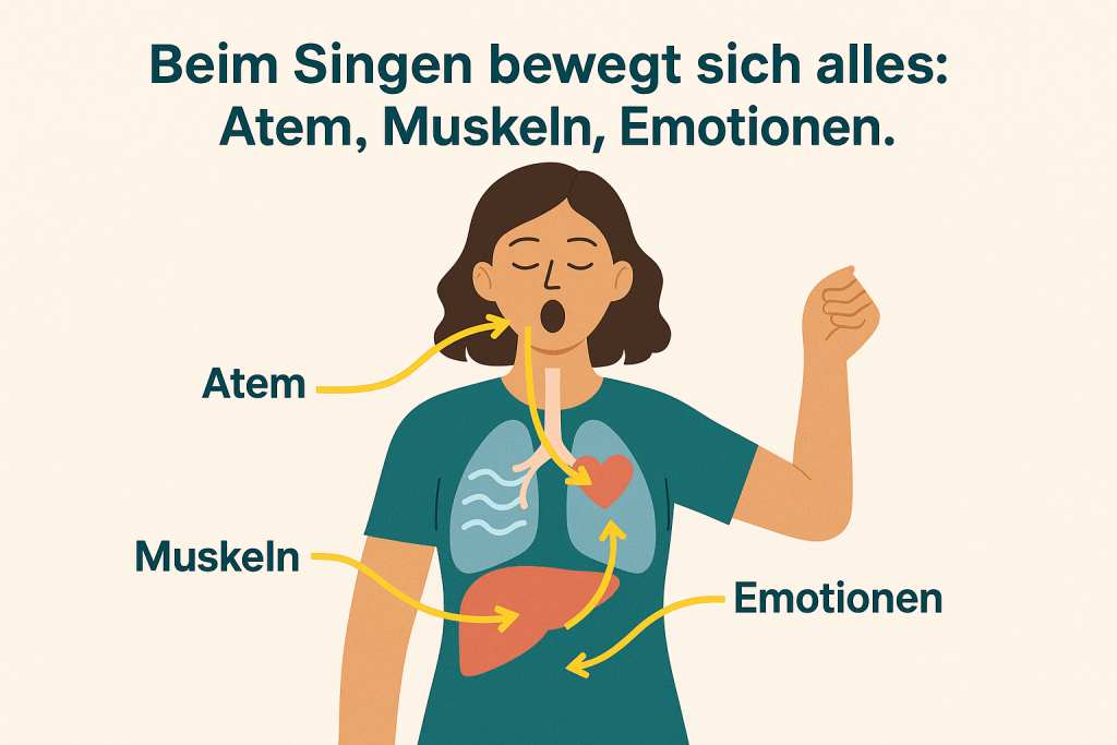 Illustration einer singenden Person mit Pfeilen zu Atem, Muskeln und Emotionen, die zeigen, welche Bereiche beim Singen aktiviert werden können.
